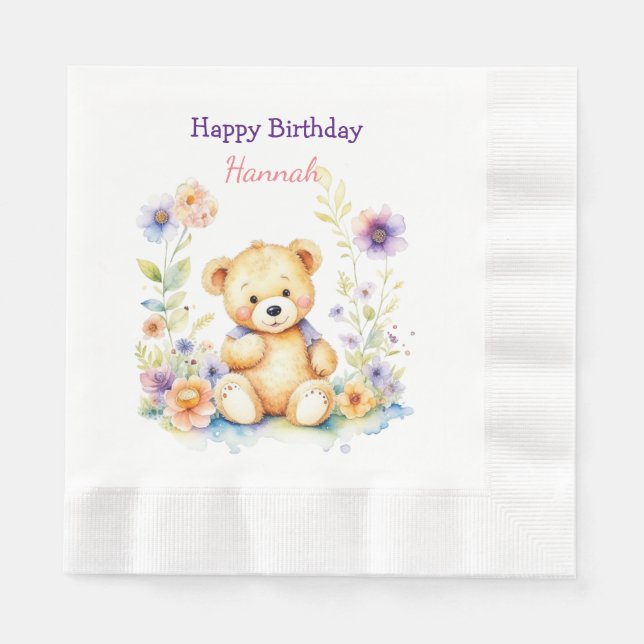 Teddy Bear in Flowers Girl's Birthday Party Napkin (Front)