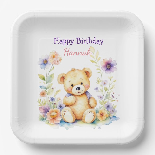 Teddy Bear in Flowers Girl's Birthday Party Paper Plate (Front)
