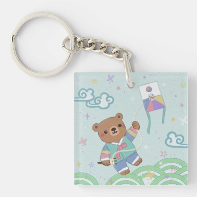 Teddy Bear in Hanbok: Kite Flying Keychain (Front)