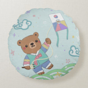 Teddy Bear in Hanbok: Kite Flying Round Pillow
