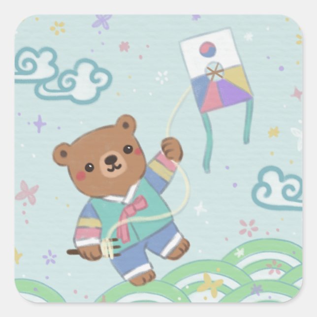 Teddy Bear in Hanbok: Kite Flying Square Sticker (Front)