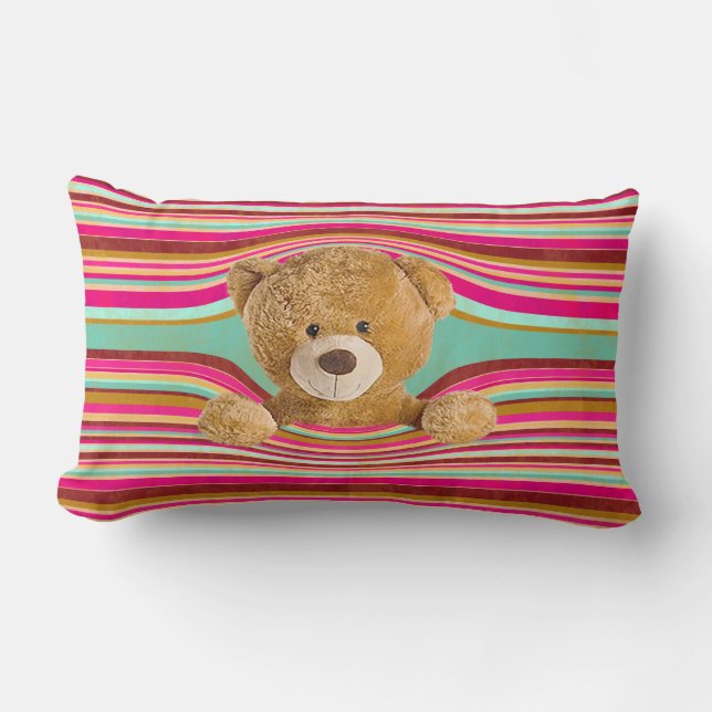 Teddy Bear In Stripes Lumbar Pillow (Front)