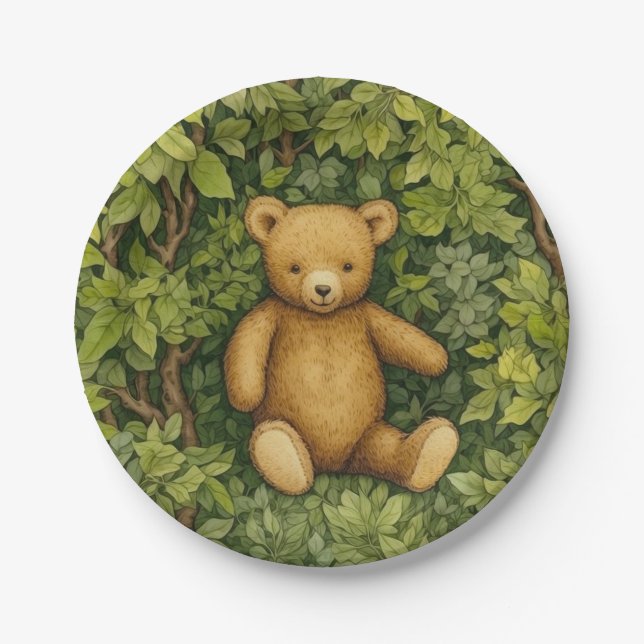 Teddy bear in the forest art nouveau style paper plate (Front)