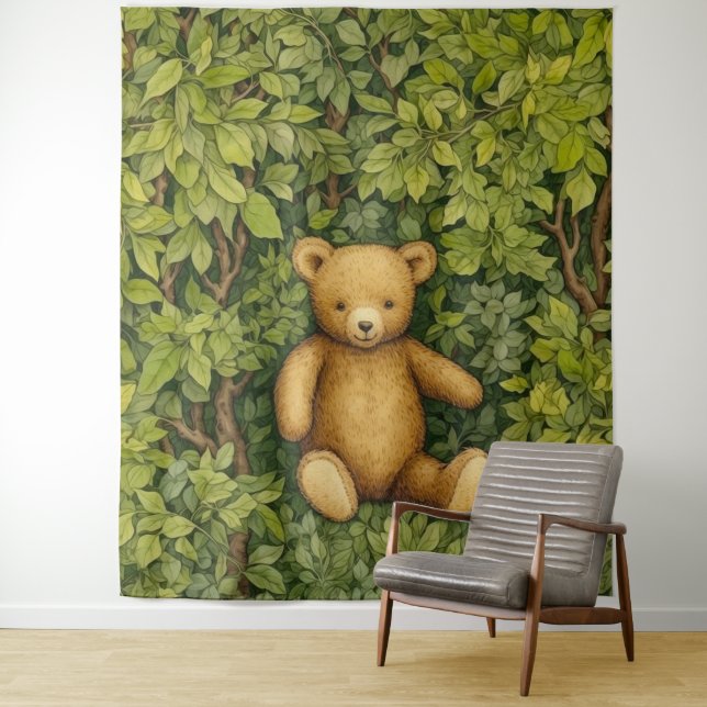 Teddy bear in the forest art nouveau style tapestry (In Situ)