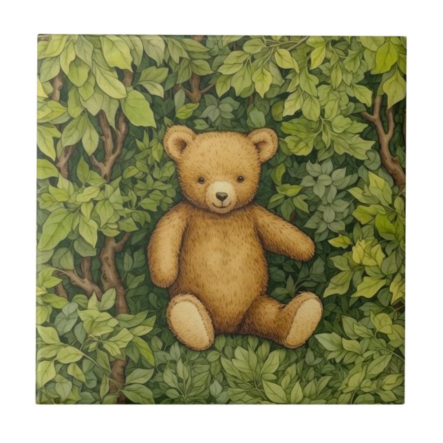 Teddy bear in the forest art nouveau style tile (Front)