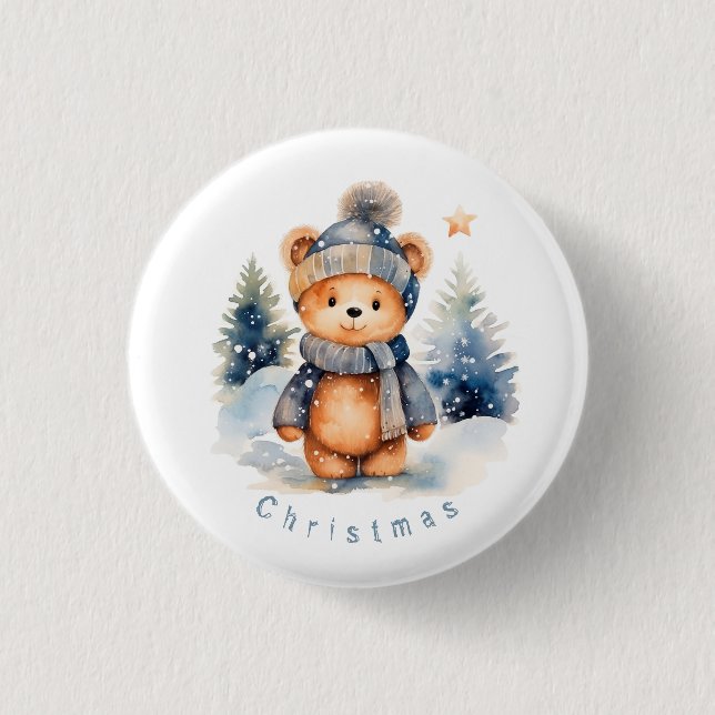 Teddy bear in the forest, personalized 1 inch round button (Front)