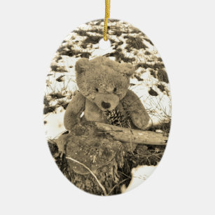 Teddy Bear in the Holly,Sepia tone Ceramic Ornament