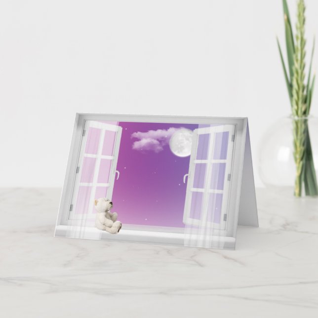 Teddy Bear in window thinking of you Holiday Card (Front)