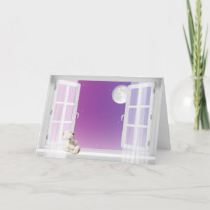 Teddy bear in window thinking of you holiday card