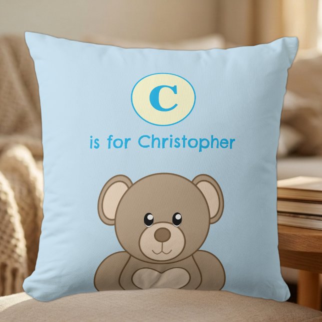 Teddy bear initial name kids blue throw pillow (Creator Uploaded)