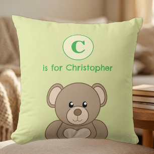 Teddy bear initial name kids green throw pillow