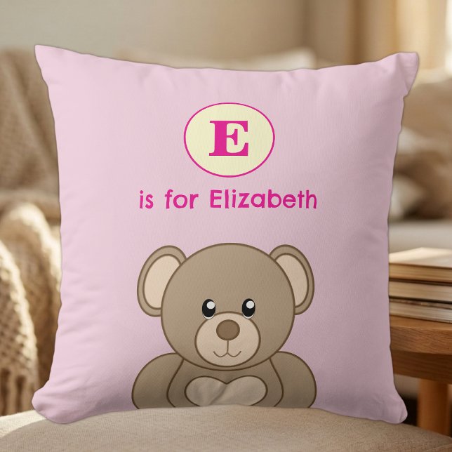 Teddy bear initial name kids pink throw pillow (Creator Uploaded)