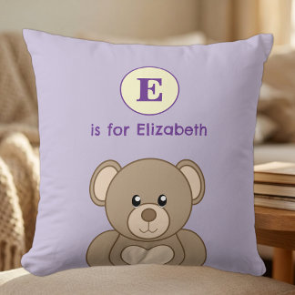 Teddy bear initial name kids purple throw pillow
