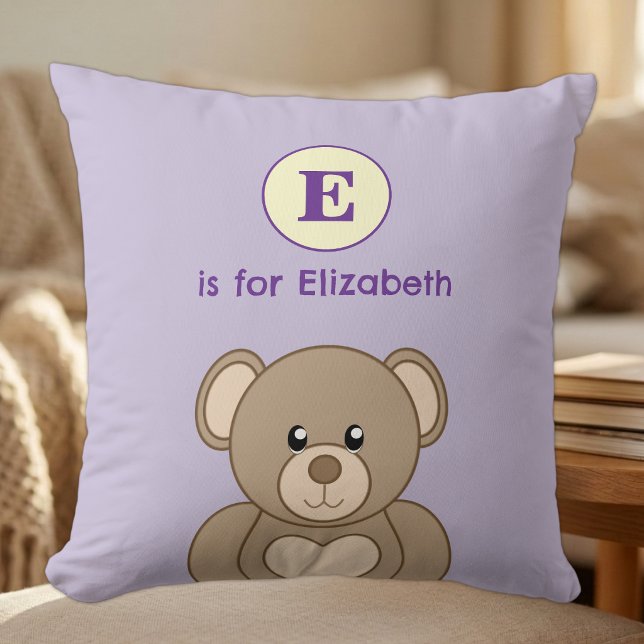 Teddy bear initial name kids purple throw pillow (Creator Uploaded)