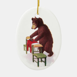 Teddy Bear Ironing Clothes Ceramic Ornament