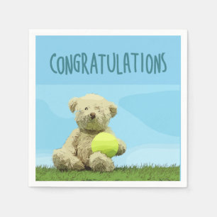 Teddy bear is holding tennis ball Congratulations Napkin