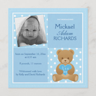 Teddy bear "It"s a boy" announcement card