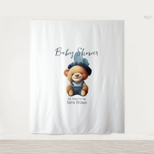 Teddy Bear Jean Baby Shower Backdrop Tapestry (Front)