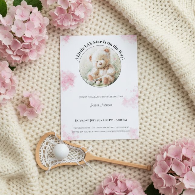 Teddy Bear Lacrosse Baby Shower Girl Invitation  (Baby shower invitation with lacrosse bear on knitted beige blanket, surrounded by pink hydrangeas an)