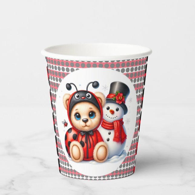 Teddy Bear Ladybug with Snowman Baby Shower Paper Cups (Front)