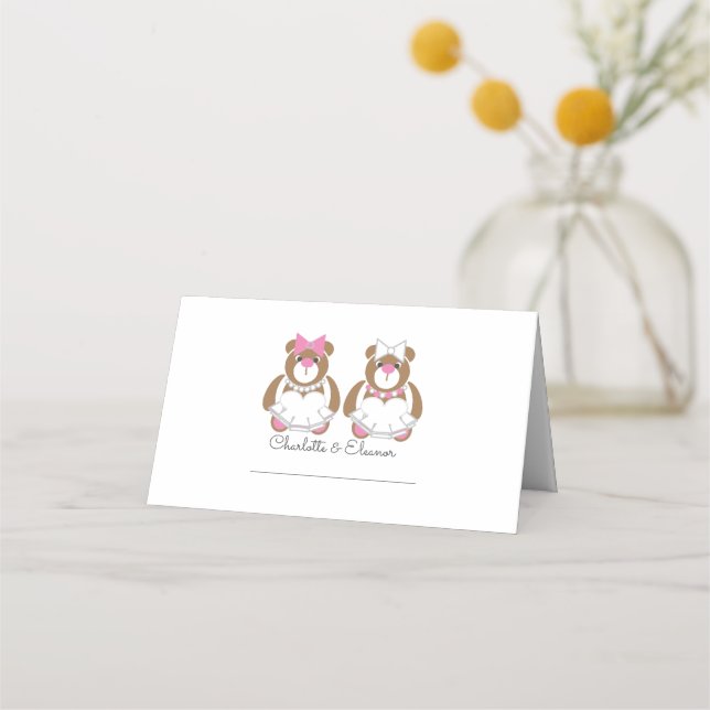 Teddy bear lesbian wedding cute white place card (Front)
