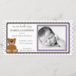 Teddy Bear Lilac Customized Birth Announcement