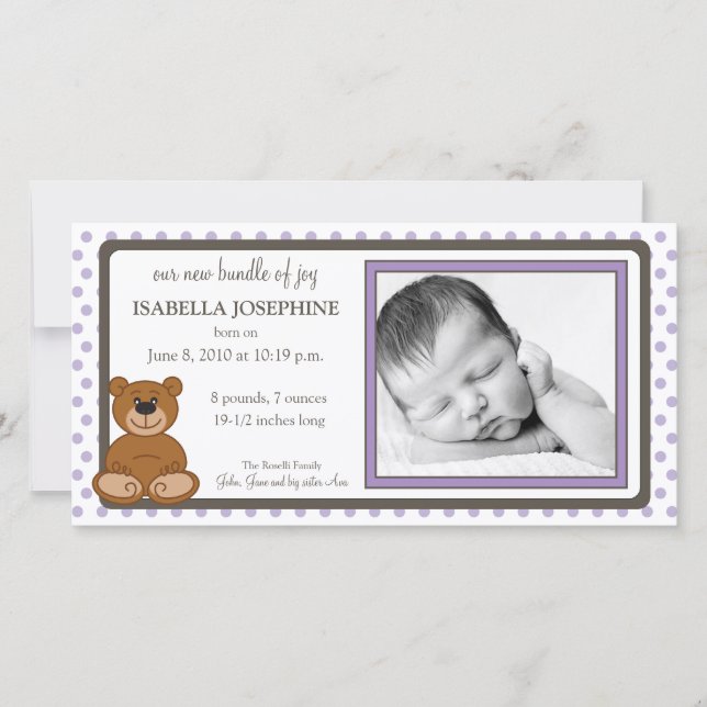 Teddy Bear Lilac Customized Birth Announcement (Front)