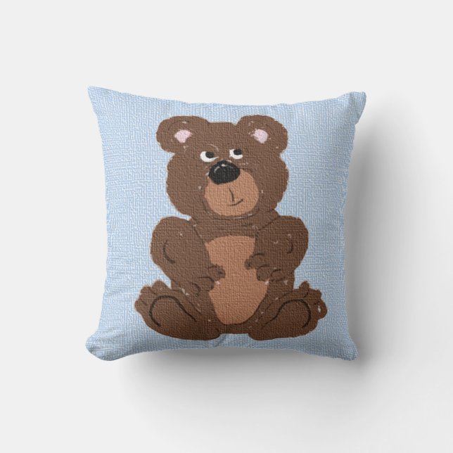 Teddy Bear Linen Blue Throw Pillow (Front)