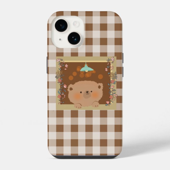 Teddy bear looking out of a window iPhone case (Back)