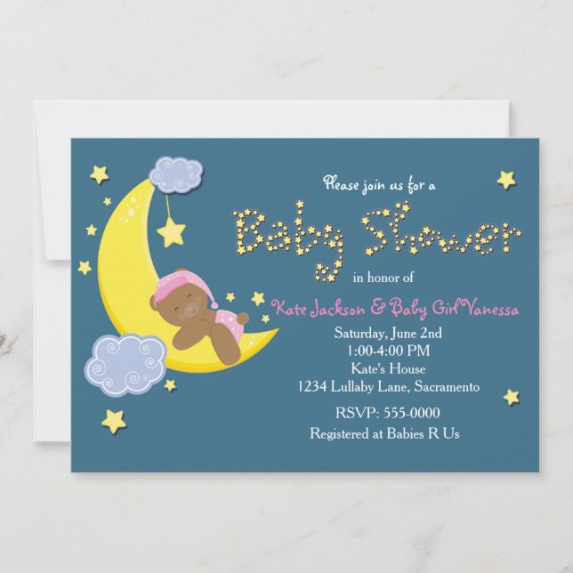 Teddy Bear Lune Star BABY SHOWER Girls Invitation (Devant)