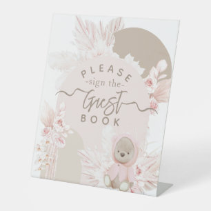 Teddy Bear Modern Boho Girl Baby Shower guest book Pedestal Sign