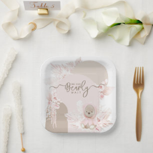 Teddy Bear Modern Boho Girl Baby Shower Paper Plate