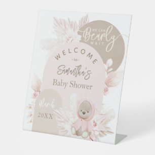 Teddy Bear Modern Boho Girl Baby Shower Pedestal Sign