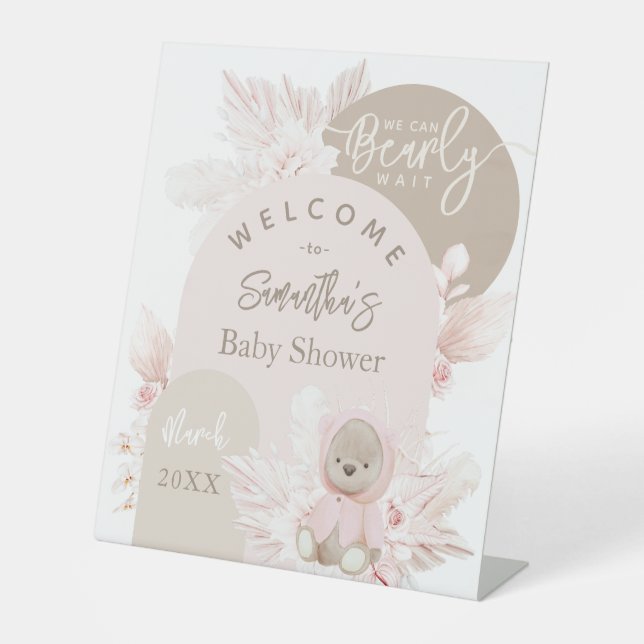 Teddy Bear Modern Boho Girl Baby Shower Pedestal Sign (Front)