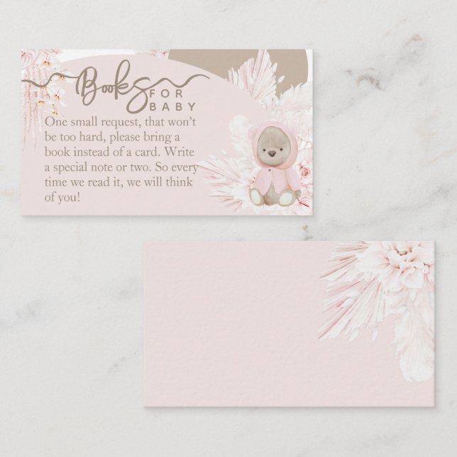 Teddy Bear Modern Boho Pink Baby Shower books Enclosure Card (Front/Back)