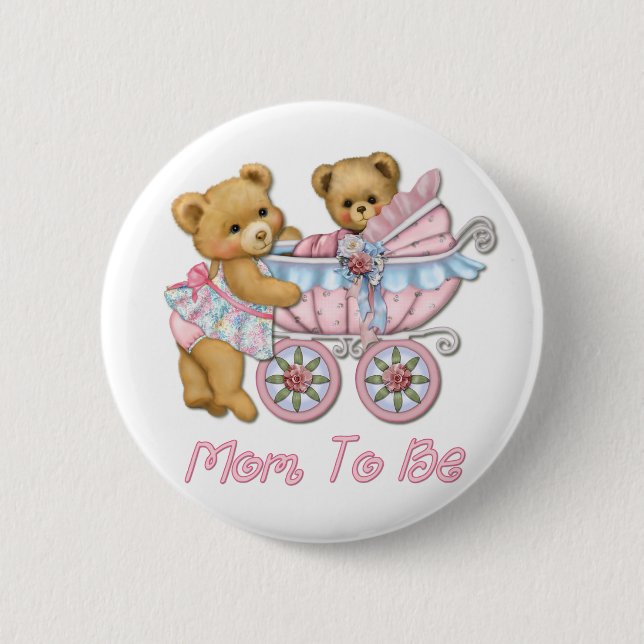 Teddy Bear Mom and Carriage - Pink 2 Inch Round Button (Front)