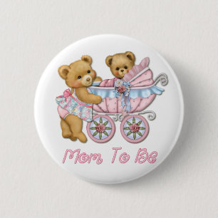 Teddy Bear Mom and Carriage - Pink 2 Inch Round Button