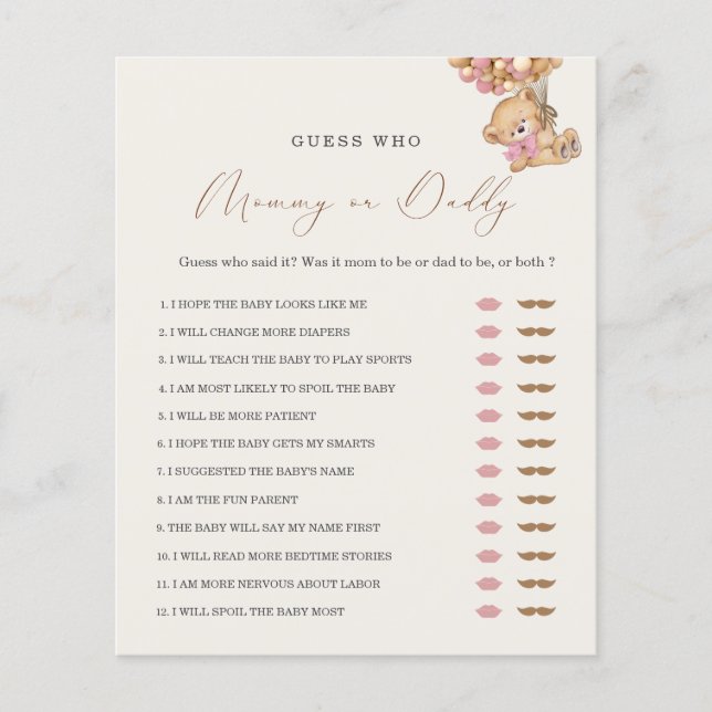 Teddy Bear Mommy or Daddy Baby Shower Game (Front)