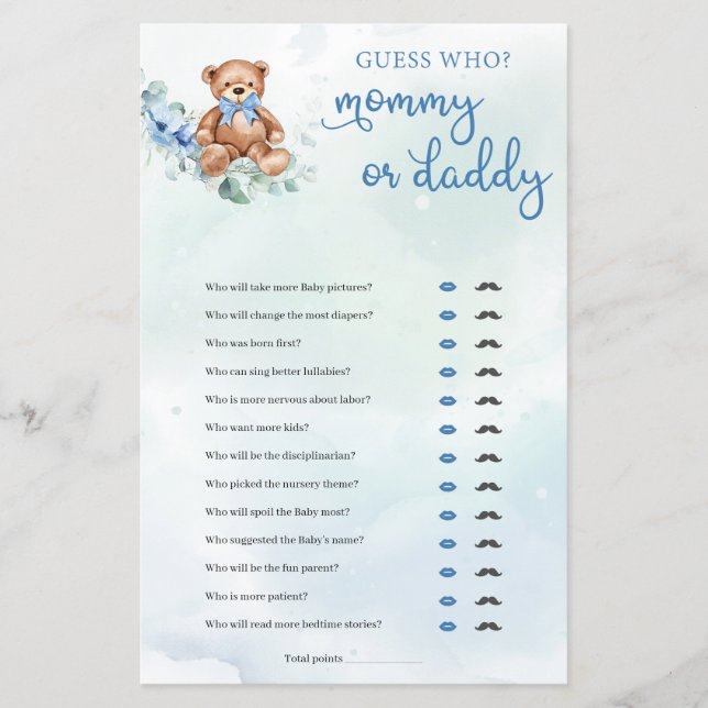 Teddy Bear Mommy or Daddy Boy Baby Shower Game (Front)