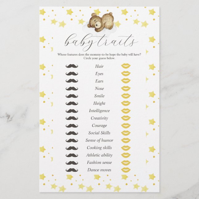 Teddy Bear Moon and Stars Baby Traits Game Flyer (Front)