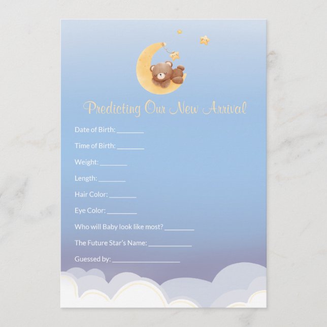 Teddy Bear Moon Baby Shower Prediction  Card (Front)