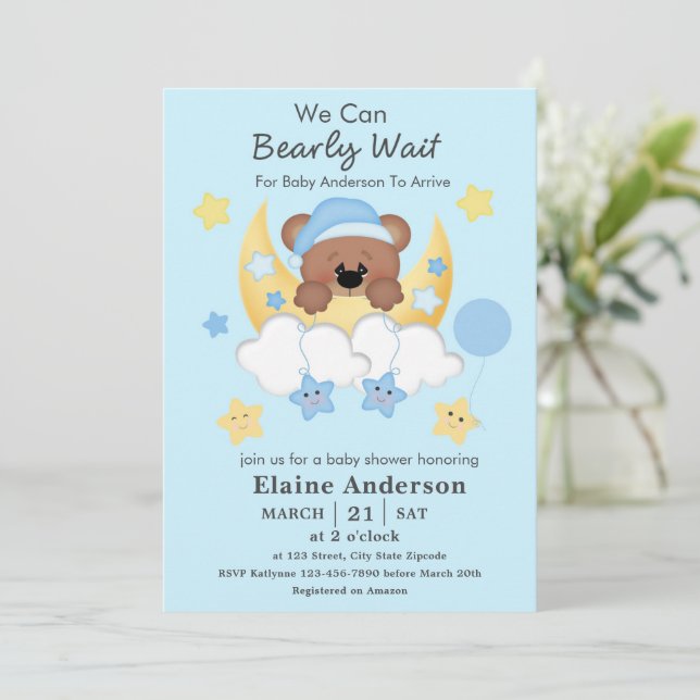 Teddy Bear Moon Clouds Stars Baby Boy Shower Invitation (Standing Front)