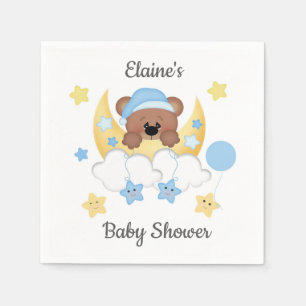 Teddy Bear Moon Clouds Stars Baby Boy Shower Napkin