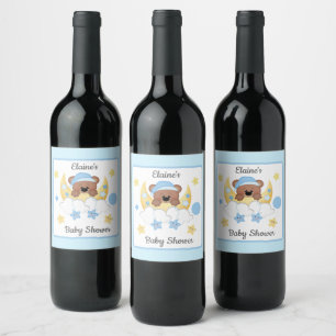 Teddy Bear Moon Clouds Stars Baby Boy Shower Wine Label
