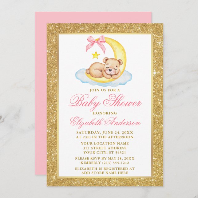 Teddy Bear Moon Gold Glitter Baby Shower Pink Invitation (Front/Back)
