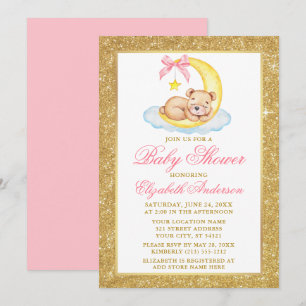 Teddy Bear Moon Gold Glitter Baby Shower Pink Invitation