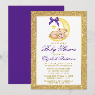 Teddy Bear Moon Gold Glitter Purple Baby Shower Invitation