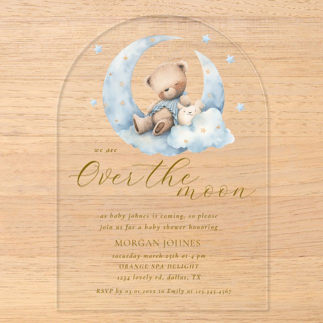 Teddy Bear Moon Over the Moon Baby Shower Acrylic Invitations (Front)