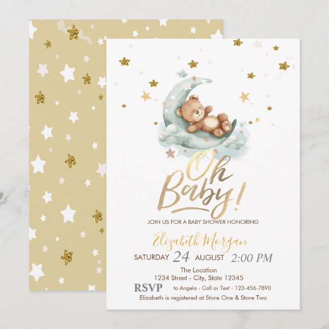 Teddy Bear Moon Stars Baby Shower Invitation (Front/Back)