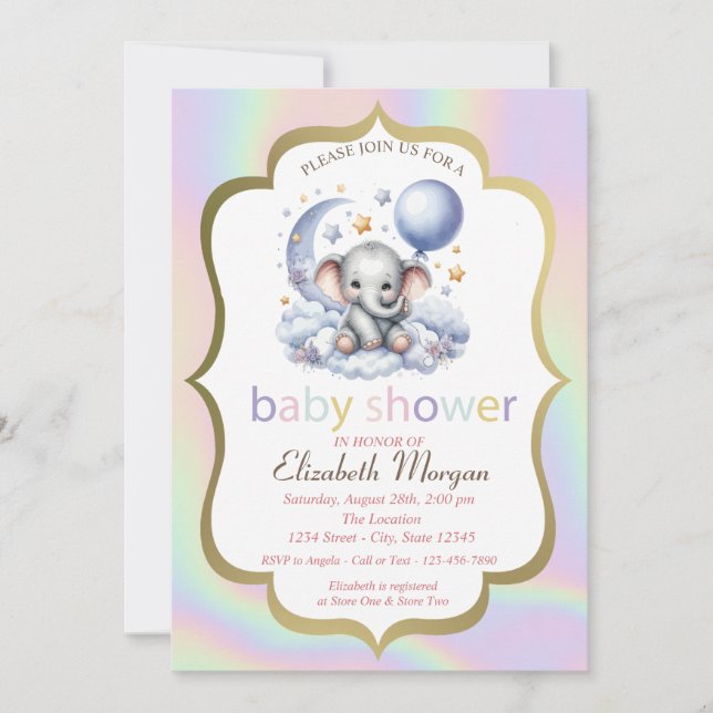 Teddy Bear,Moon,Stars Holographic Baby Shower Invitation (Front)
